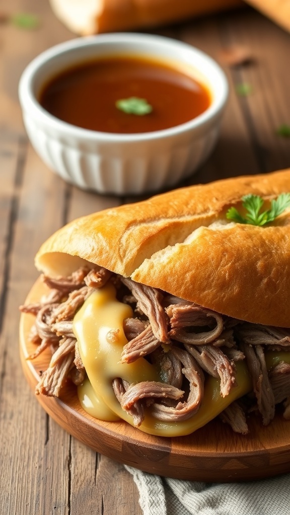 Duck French Dip Sandwich with shredded duck in a baguette, served with broth for dipping on a rustic table.